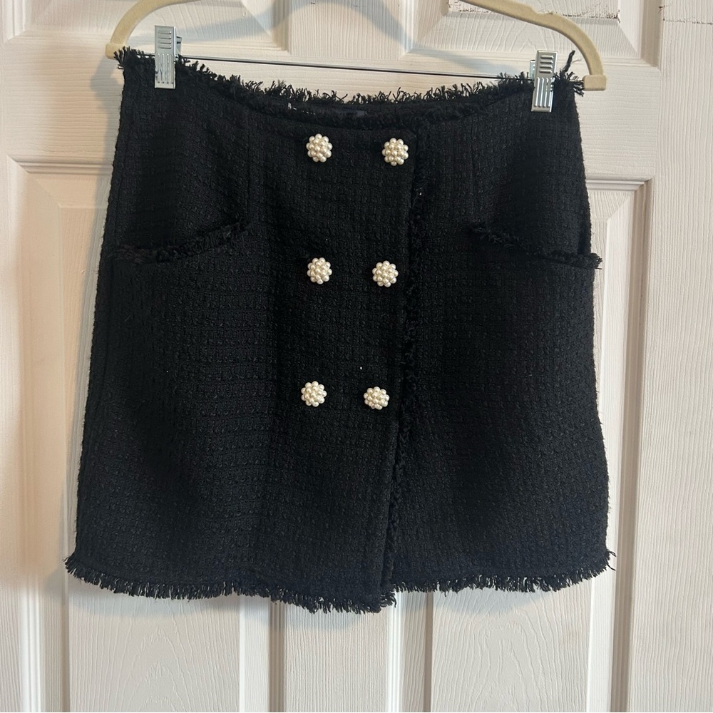 Maeve Anthropologie Black Tweed Skirt with Pearl Accents buttons